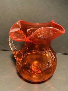Small Orange Ruffled Rim Water Tea Pitcher Clear Handle Blown Glass Decoration - Picture 1 of 15