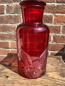 Vintage Primitive Red Apothecary Jar With Folk Art Etching - Picture 1 of 14