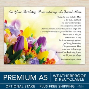 Mum Birthday Memorial Grave Card Mum Memorial Card Mum in Heaven Exclusive Verse - Picture 1 of 17