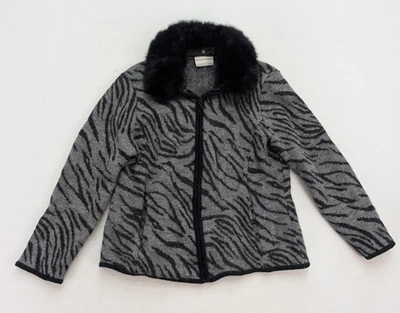 Suéter para mujer Alfred Dunner talla PL gris animal cremallera completa cárdigan cuello de piel Foto 1 de 4