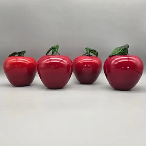 4 PIECE GLASS FRUIT ART GLASS HANDMADE RED APPLE GREEN STEMS - Picture 1 of 13