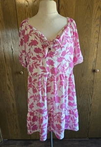 LC Lauren Conrad Pink White Floral Tie Front Ruffled Hem Dress Women's XXL EUC  - Picture 1 of 20