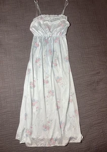 Maxi Vestido Vintage Lorena Talla M Nylon Cintura Ceñida Azul Sedoso Floral - Imagen 1 de 15