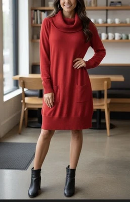 Nina Leonard Women’s Red Ribbed Long Sleeve Turtle Neck Sweater Dress Large - Image 1 of 4