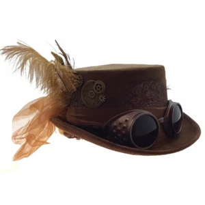 Women's Steampunk Hat Masquerade Mask Accessory w/ Removable Goggles [Brown] - Picture 1 of 4