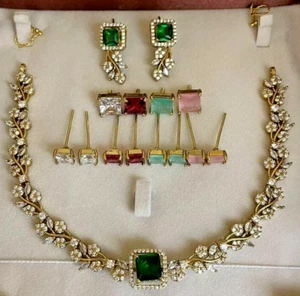 Indian Bollywood Bridal Gold Plated CZ Choker Necklace Jewelry Set - Picture 1 of 5