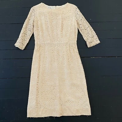 Vintage 1960s Dolly Myers Bianco Crema Pizzo Cotone Manica Lunga Mini Abito Sm M - Immagine 1 di 4