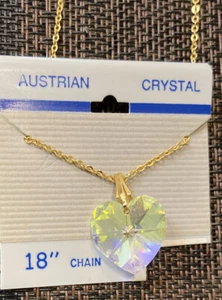Vintage Iridescent Austrian Crystal Heart Shaped Pendant. 18” Gold Plated Chain. - Picture 1 of 5