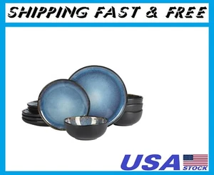 12Piece (Service for 4) Plates and Bowls Reactive Glaze Dishes Stoneware Ceramic - Picture 1 of 7