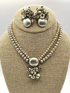 Vintage Haskell Era Faux Double Pearl Strand & Rhinestone Necklace Earrings Set - Picture 1 of 6