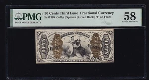 US 50c Fractional Currency Justice wide Surcharge w/ '1'  FR 1368 PMG 58EPQ (05) - Picture 1 of 2