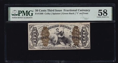 US 50c Fractional Currency Justice wide Surcharge w/ '1'  FR 1368 PMG 58EPQ (05) - Image 1 of 2