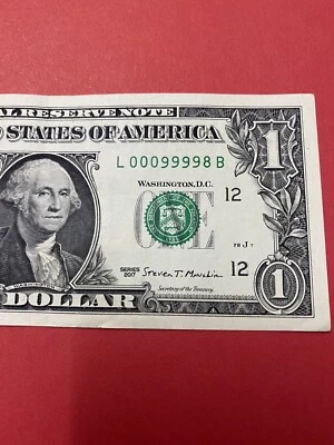 Fancy Serial Number $1 2007 L 00099998 B .  - Image 1 of 4