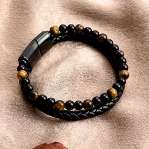 2025HOT Men's Leather Black Obsidian Tiger Eye Stone Bracelet Perfect Gift - Picture 1 of 8