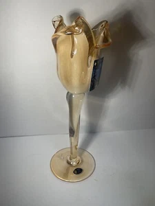 NWT White Cristal Pedestal Stemmed Art Glass Candle Holder Peach Tulip Murano - Picture 1 of 10