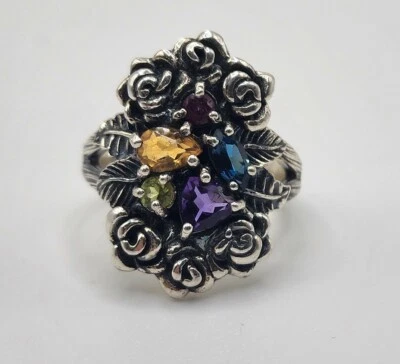 Vintage Silver Multicolor Amethyst Citrine Topaz Peridot Rose Flower Ring Sz 8.5 - Image 1 of 4