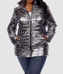 White Mark Women's Silver Metallic Full Zip Puffer Coat Jacket Plus Size 1XL - Picture 1 of 4
