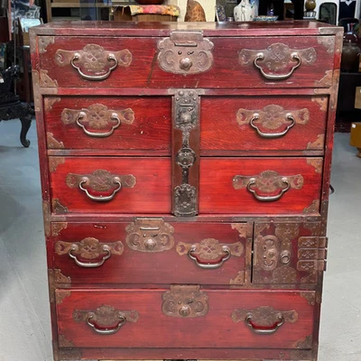Antique Japanese Meiji Era c1890's Matsumoto Tansu Persimmon & Vermilion Finish  - Image 1 of 4