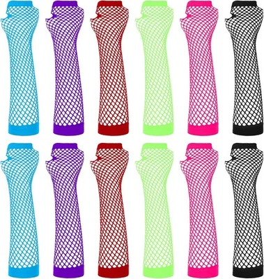 6 Pairs Neon Fishnet Fingerless Gloves Long Arm Sleeves for Party Cosplay        - Image 1 of 4