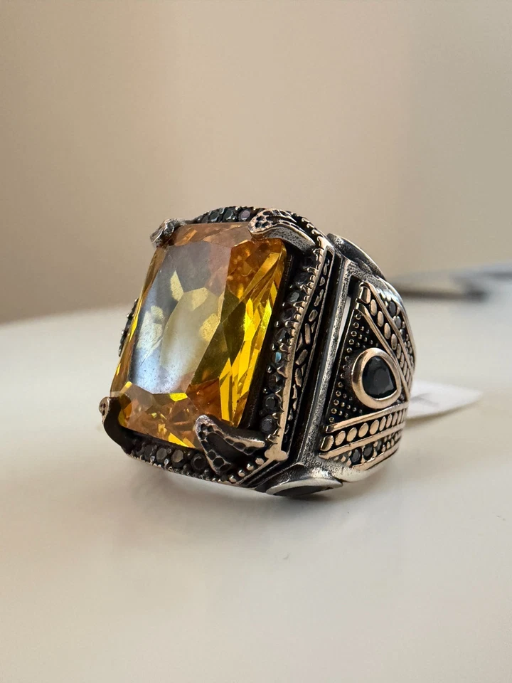 🥇 Men's 925K Silver Ring | Yellow Zircon Cushion Cut | Oxidized Sterling Signet Foto 1 de 1