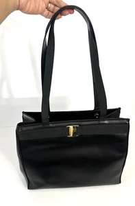SALVATORE FERRAGAMO Vintage Black Leather Tote Bag Large Made In Italy Gold Logo - Bild 1 von 19