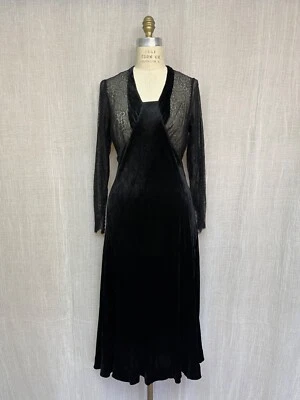 Старинный винтажный ар-деко 1920-х черный панно шелк бархата и кружева Bias вырез платье S - Изображение 1 из 4