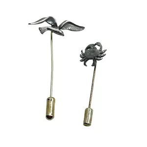 Lapel Stick Pin Women's Pewter Tone Seagull Crab Beach Classic Set Of 2 - Picture 1 of 4