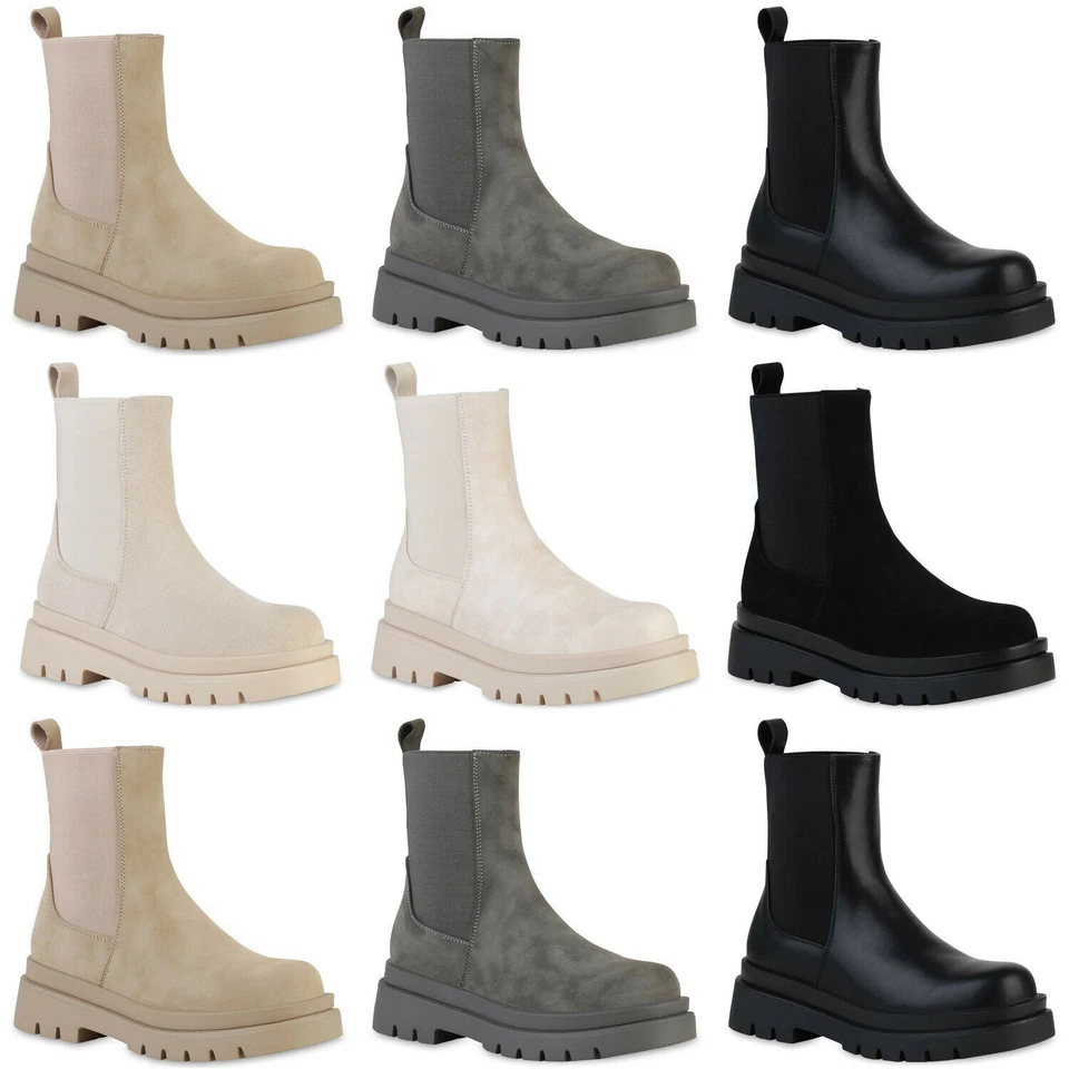 MARKENLOS Damen Plateau Boots Stiefeletten Stiefel Profil-Sohle Schuhe 902143 Mode