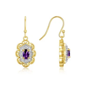 RYLOS Gold Plated Silver Floral Earrings, 6x4mm Oval Gemstone & Diamonds Jewelry - Picture 1 of 27