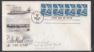 USA 1958 FIRST DAY COVER 7c BLUE AIR MAIL STAMP IN COIL STRIP OF 4 + CACHET - Picture 1 of 1