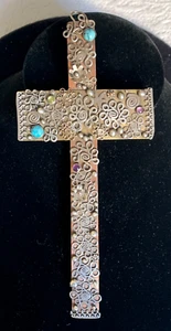 VINTAGE HUGE HANDMADE SILVER, COPPER, BRASS & JEWELED CROSS PENDANT - Picture 1 of 12