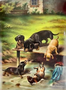 PLACA DE PINTURA DE PORCELANA #3 GÉNERO IMAGEN PERRO SALCHICHA FAMILIA JUGANDO EN EL AGUA 1880-1890 - Imagen 1 de 6