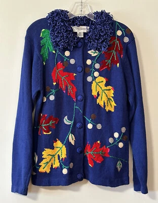Cárdigan Victoria Harbour Talla Pequeña Azul Real Hojas Otoño Foto 1 de 4