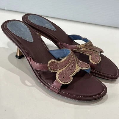 Clarks Indigo Purple Leather Open Toe Sandals Gold Kitten Heels Embroidered 9 - Image 1 of 4