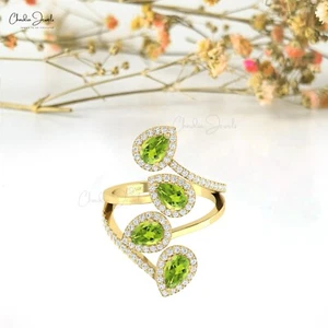 Handmade Cocktail Ring In 14k Solid Gold 1.5 CTW Peridot & Diamond Bridal Ring - Picture 1 of 25