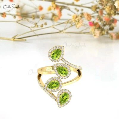 Handmade Cocktail Ring In 14k Solid Gold 1.5 CTW Peridot & Diamond Bridal Ring - Image 1 of 4