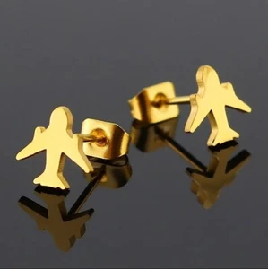 Gold Jet Airplane Plane Earrings Studs - Pilot, Flight Attendant, Stewardess - Picture 1 of 3