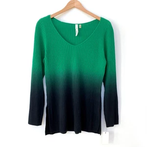 NWT NY Collection Womens Dip Dye Ombre Ribbed Sweater Size M V-neck Green Black - Picture 1 of 13