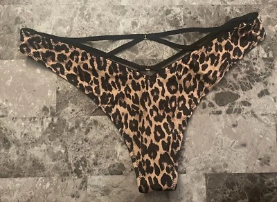 NWT VICTORIA'S SECRET LEOPARD SATIN SMOOTH STRAPPY BACK HIGH LEG THONG PANTIES - Image 1 of 4