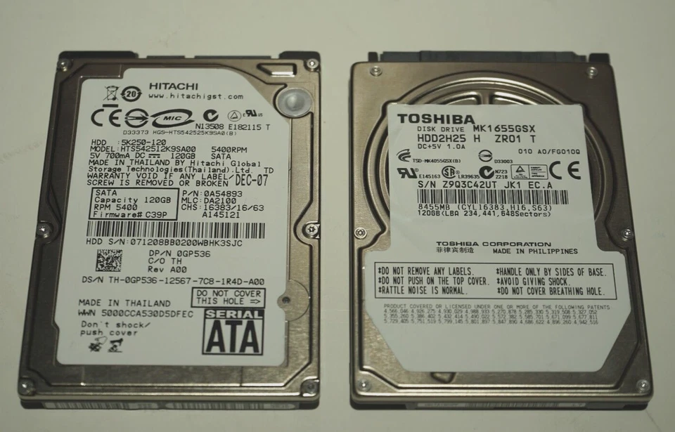 2x TOSHIBA & HITACHI 120GB 2.5" SATA Hard Disk Drive - MK1652GSX - HDD2H03 5k250 - Image 1 of 4