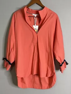Tommy Hilfiger Coral Bow Hi Low Tunic Top Size M Office Casual BOHO Cottagecore - Picture 1 of 9