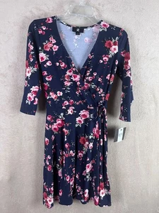 IZ Byer Dress Blue Floral Front Tie Dress 3/4 Sleeves Size Small - Picture 1 of 10