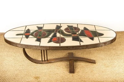 Table basse Française en Acier Chromé et Céramique par Barrois Vallauris 1960. - Photo 1/4