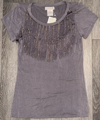 LaRok La Rok Gray short Sleeve tassel t shirt top Small S NWT - Image 1 of 4