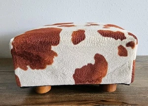 Square Ottoman Fleece Faux Cowhide Stool Short Wood Legs 12x12 7"-H - Picture 1 of 10