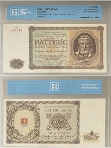 1944, Slovakia, 5000 Korun, Specimen of Unissued Banknote, Graded AU-50 - Picture 1 of 1