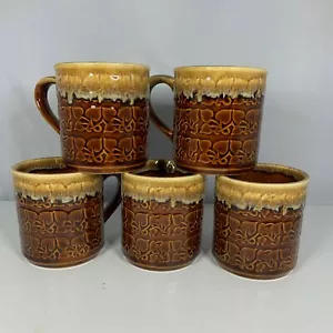 Vintage Brown Glaze Ivy Mugs Japan Ceramic Set of 5 1970s Retro Cabin Core - Picture 1 of 4