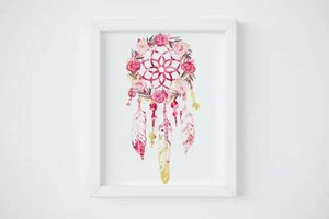 Estampado atrapasueños rosa rubor, corona atrapasueños boho con flores arte de pared - Imagen 1 de 5