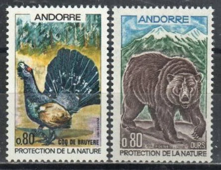 Andorra, selo francês 203-204 - Capercaillie e urso marrom - Imagem 1 de 1