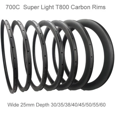 Superlight 700C 公路自行车碳纤维轮辋对称无内胎夹钳自行车车轮 — 第 1/4 张图片